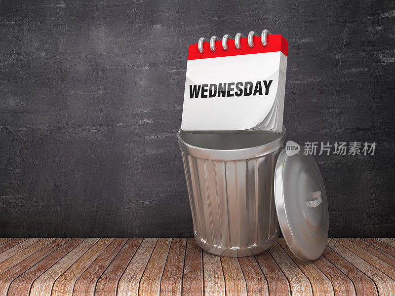 垃圾桶与星期三日历在黑板上的背景- 3D渲染
